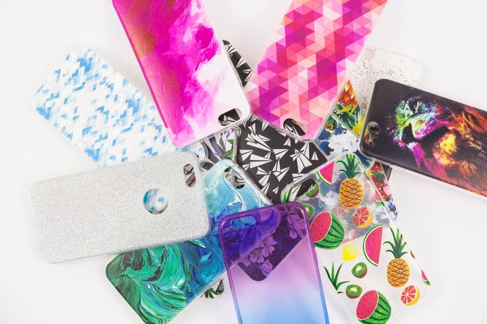 A vibrant collection of colorful and patterned phone cases in various designs — inspiration for designing your own custom phone cover